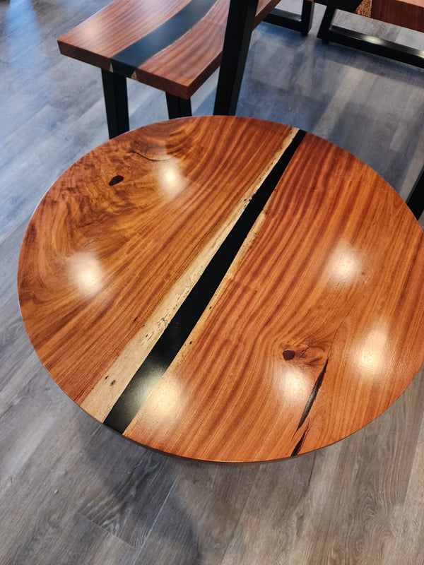 front view of jatoba wood epoxy river dining table set