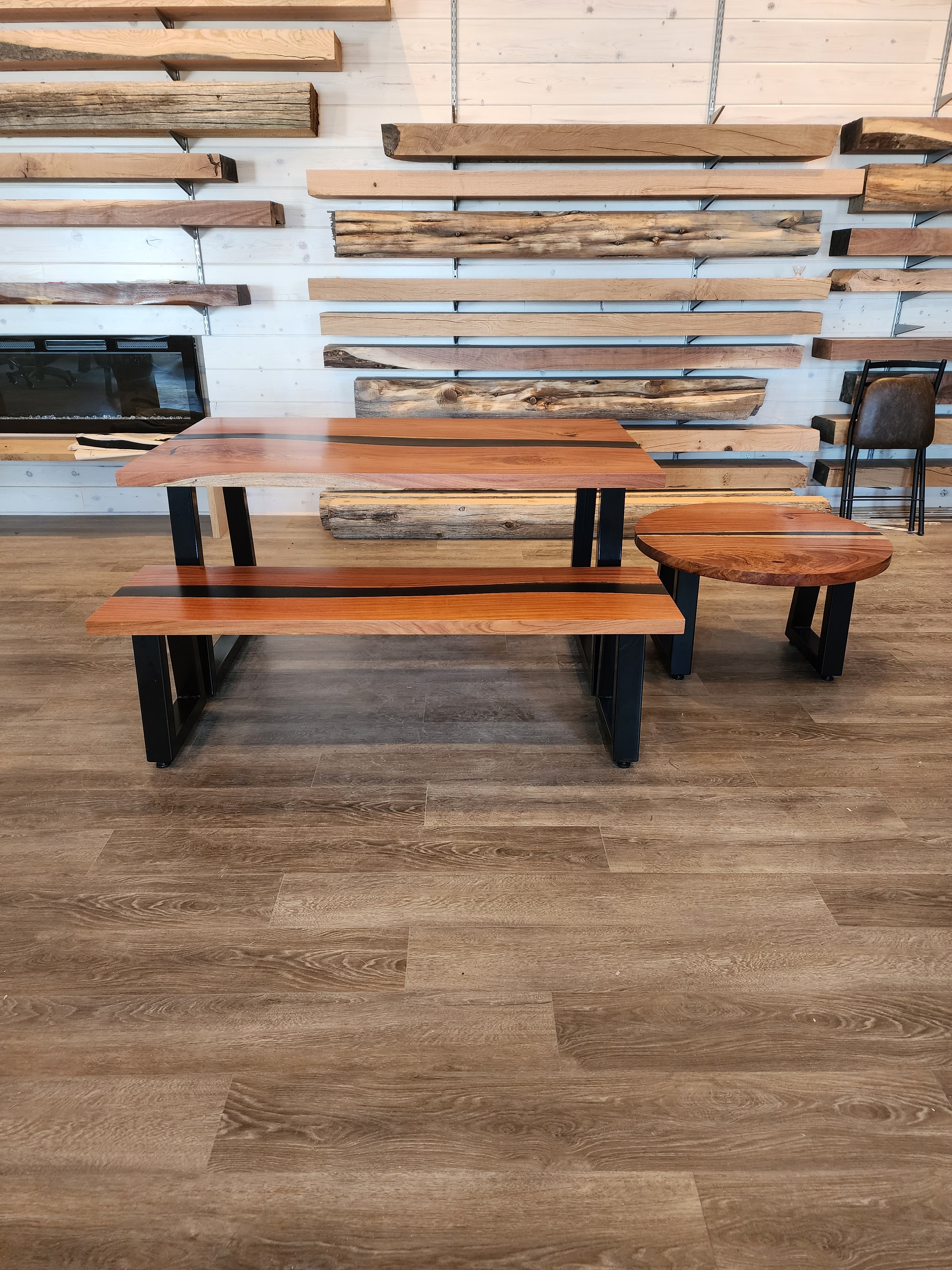 front view of jatoba wood epoxy river dining table set