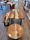 front view of monkey pod wood epoxy river dining table set