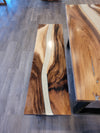 front view of monkey pod wood epoxy river dining table set