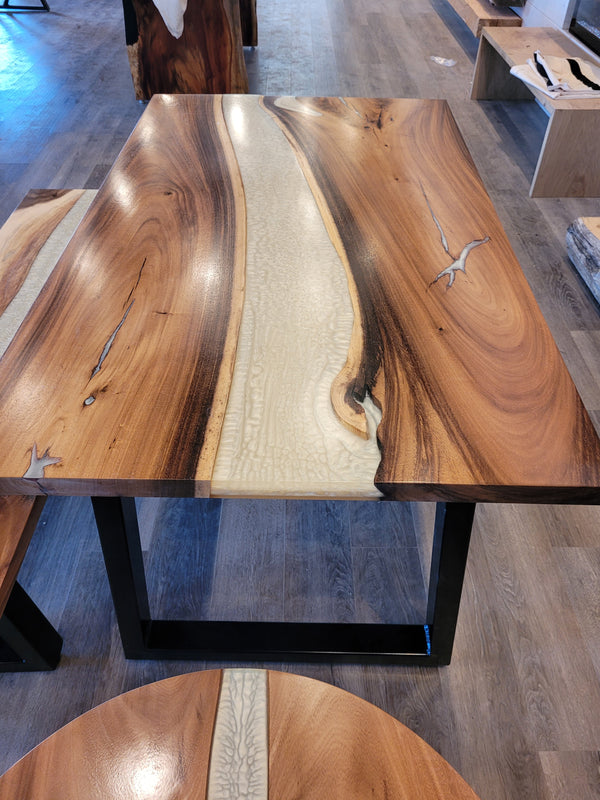 front view of monkey pod wood epoxy river dining table set