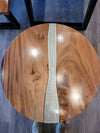 front view of monkey pod wood epoxy river dining table set
