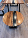front view of monkey pod wood epoxy river dining table set