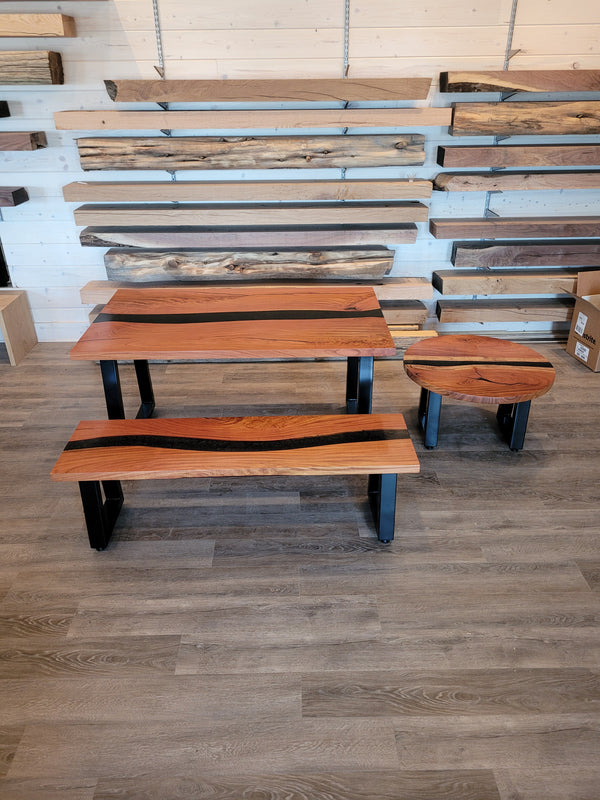 front view of monkey pod wood epoxy river dining table set