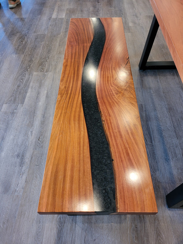front view of monkey pod wood epoxy river dining table set