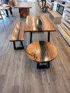 front view of monkey pod wood epoxy river dining table set