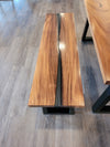 front view of monkey pod wood epoxy river dining table set