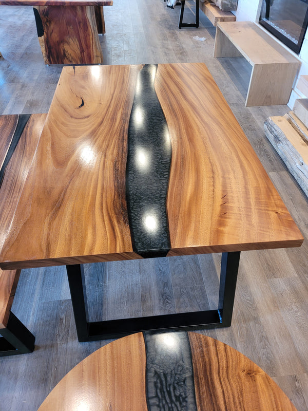 front view of monkey pod wood epoxy river dining table set