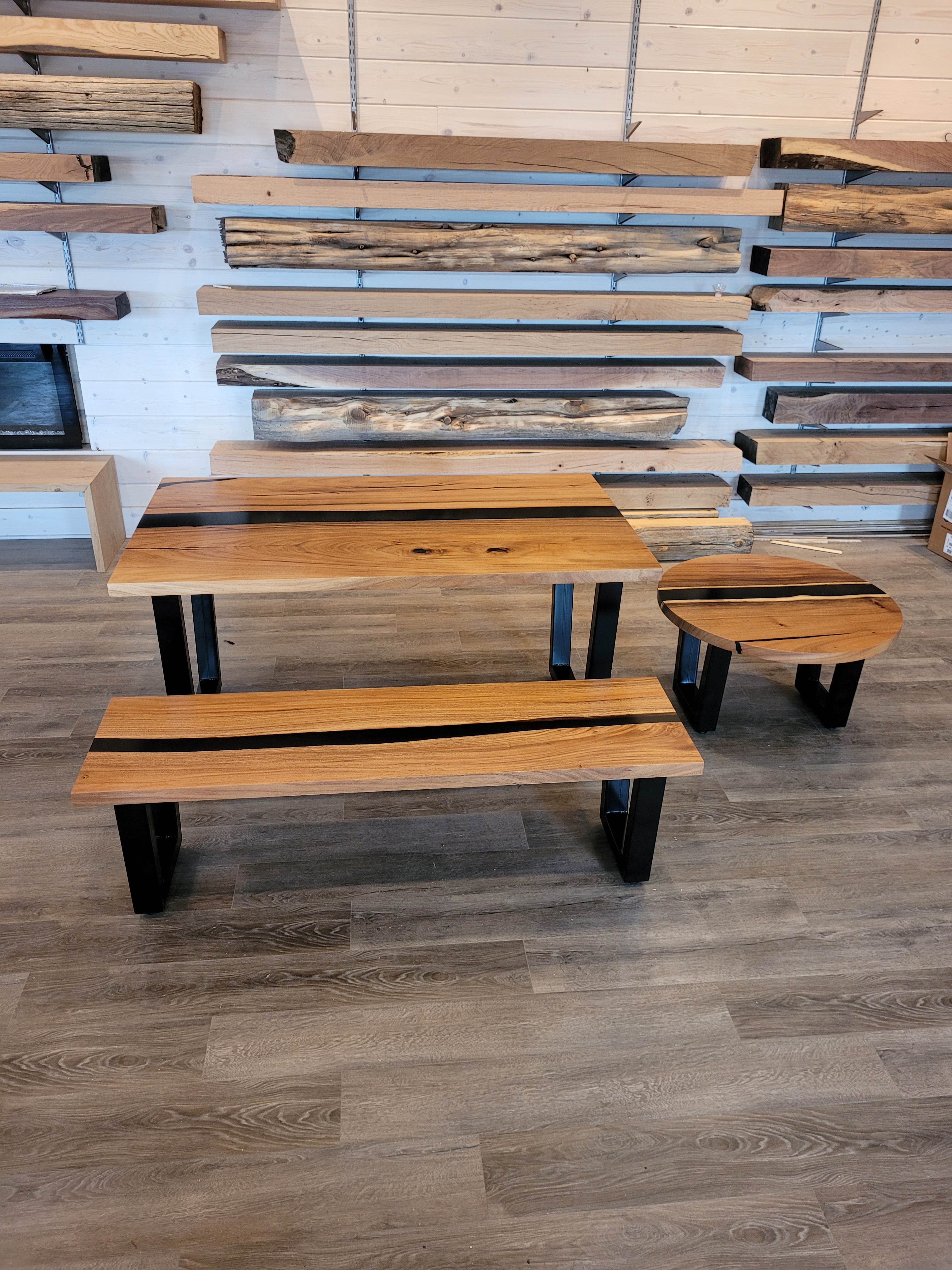 front view of monkey pod wood epoxy river dining table set