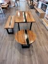 front view of monkey pod wood epoxy river dining table set