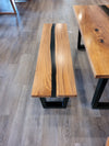 front view of monkey pod wood epoxy river dining table set