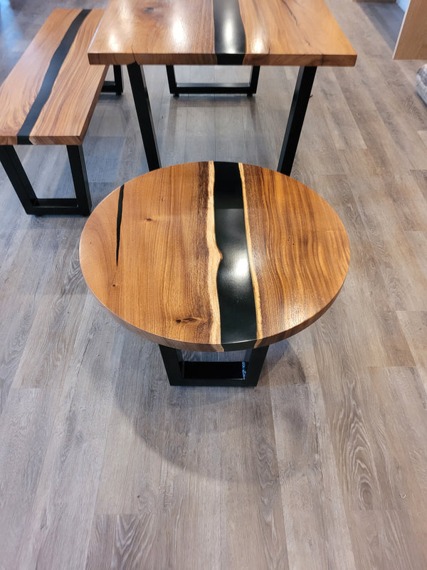 front view of monkey pod wood epoxy river dining table set