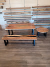 front view of monkey pod wood epoxy river dining table set