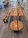 front view of monkey pod wood epoxy river dining table set