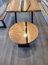 front view of monkey pod wood epoxy river dining table set