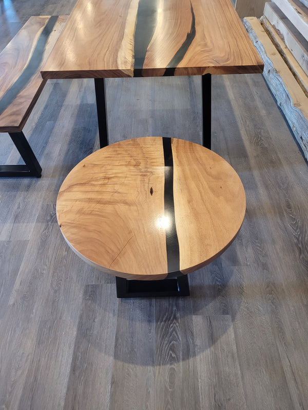 front view of monkey pod wood epoxy river dining table set