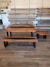 front view of monkey pod wood epoxy river dining table set