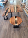 front view of monkey pod wood epoxy river dining table set