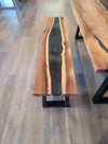 front view of monkey pod wood epoxy river dining table set