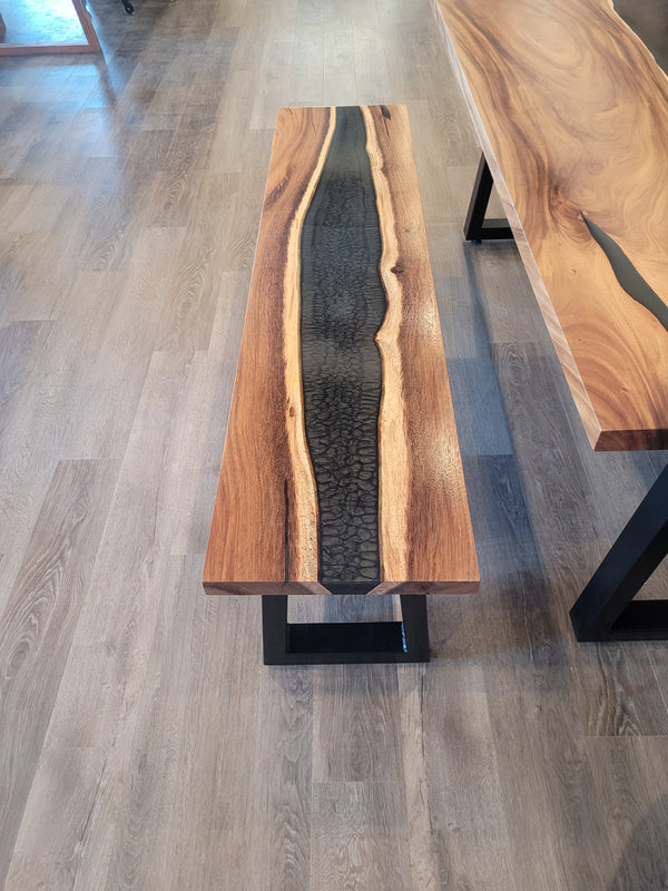 front view of monkey pod wood epoxy river dining table set