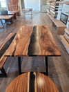 front view of monkey pod wood epoxy river dining table set