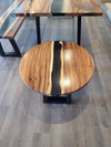 front view of monkey pod wood epoxy river dining table set