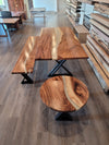 front view of monkey pod wood epoxy river dining table set
