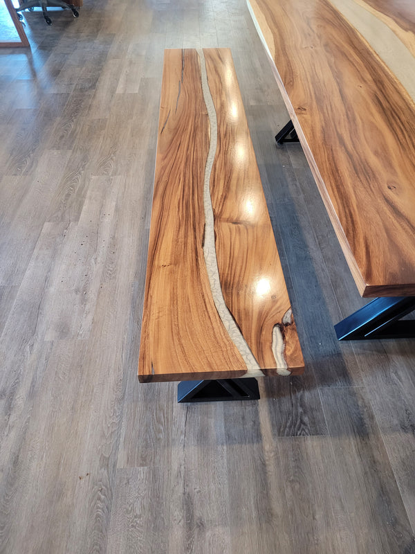 front view of monkey pod wood epoxy river dining table set