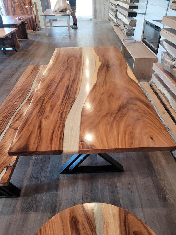 front view of monkey pod wood epoxy river dining table set