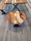 front view of monkey pod wood epoxy river dining table set