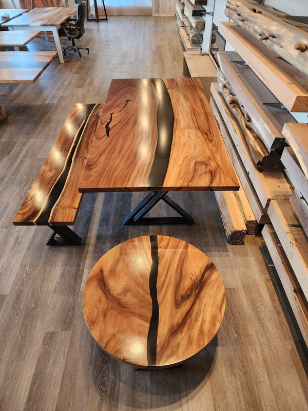 Front view of 6' long epoxy river table. Dining room table, Desk table, coffee table, bench.