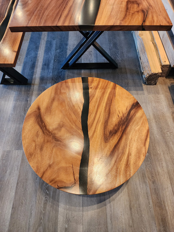 Front view of 6' long epoxy river table. Dining room table, Desk table, coffee table, bench.