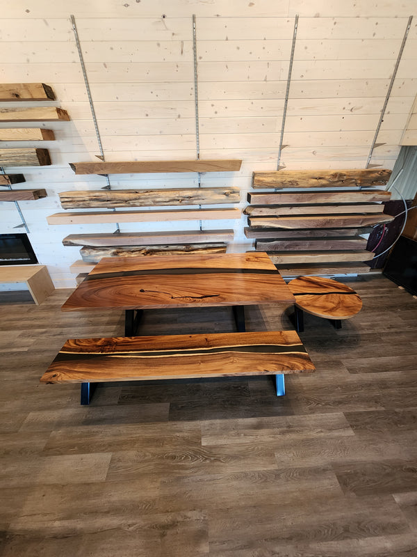 side view of 6' long epoxy river table. Dining room table, Desk table, coffee table, bench.