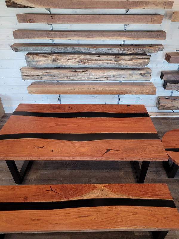front view jatoba wood epoxy river dining table set