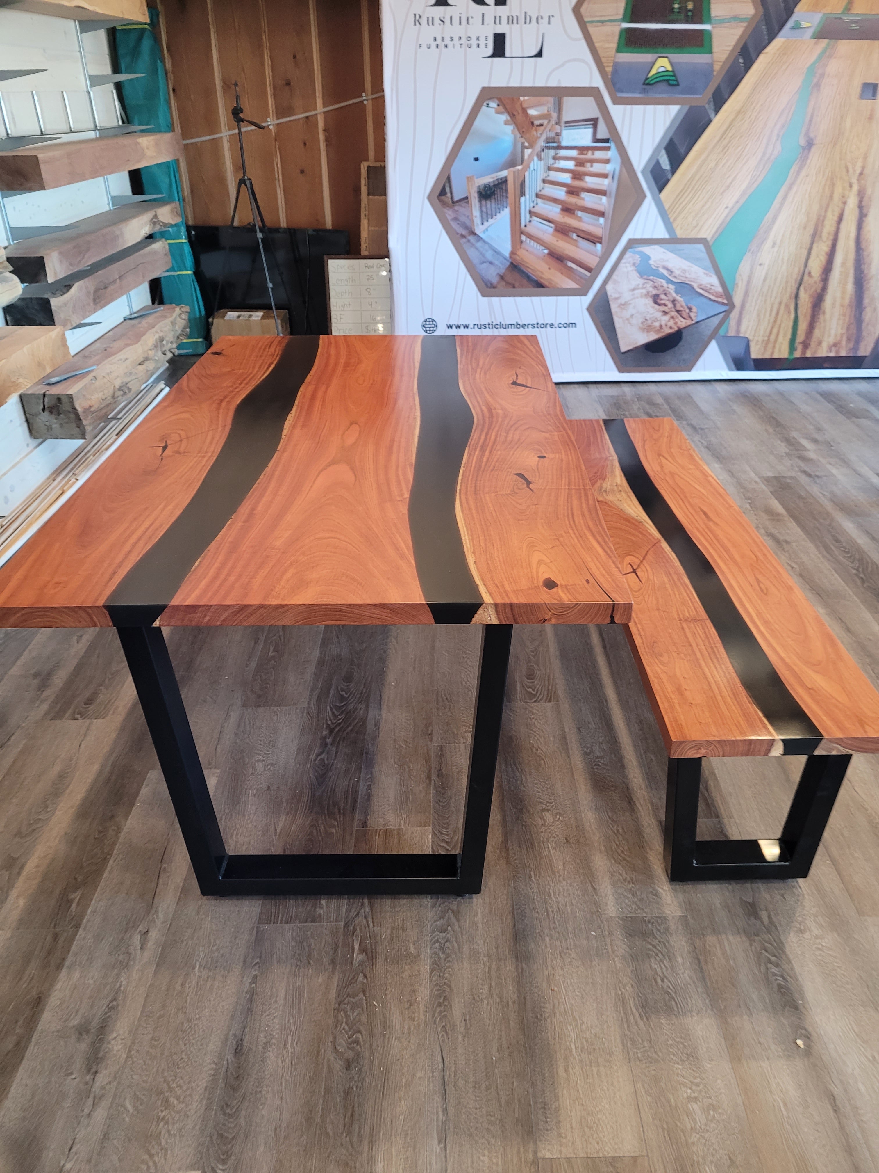 front view jatoba wood epoxy river dining table set