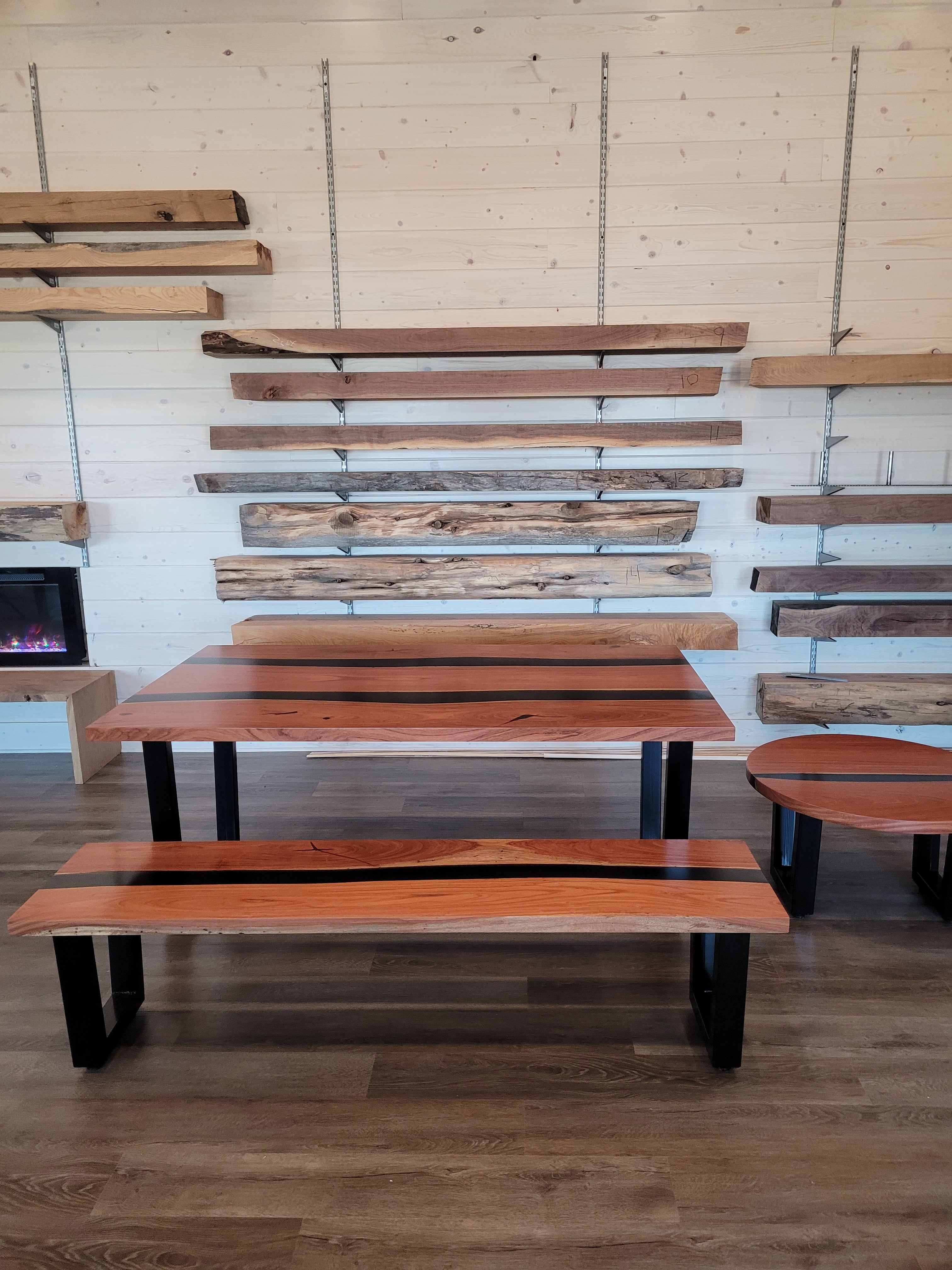 front view jatoba wood epoxy river dining table set