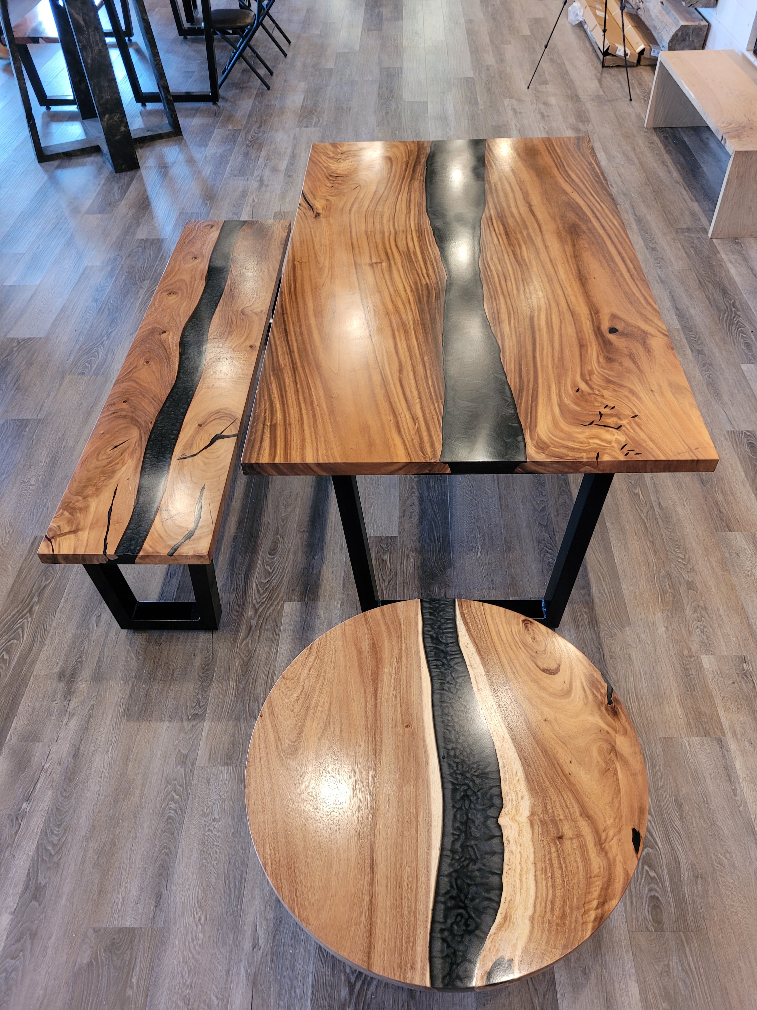 front view monkey pod wood epoxy river dining table set