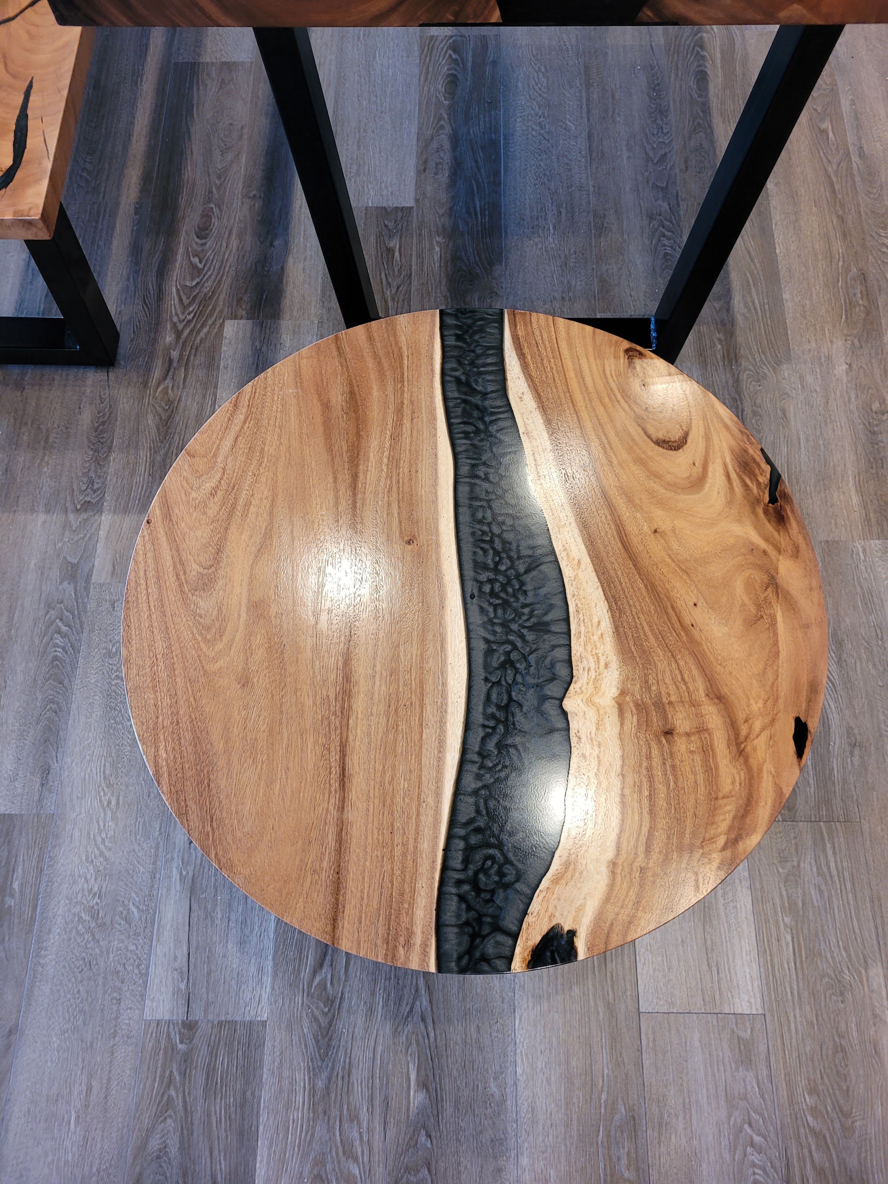 front view monkey pod wood epoxy river dining table set