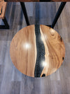 front view monkey pod wood epoxy river dining table set