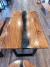 front view monkey pod wood epoxy river dining table set