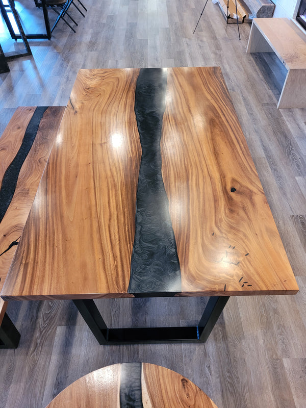 front view monkey pod wood epoxy river dining table set