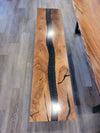 front view monkey pod wood epoxy river dining table set