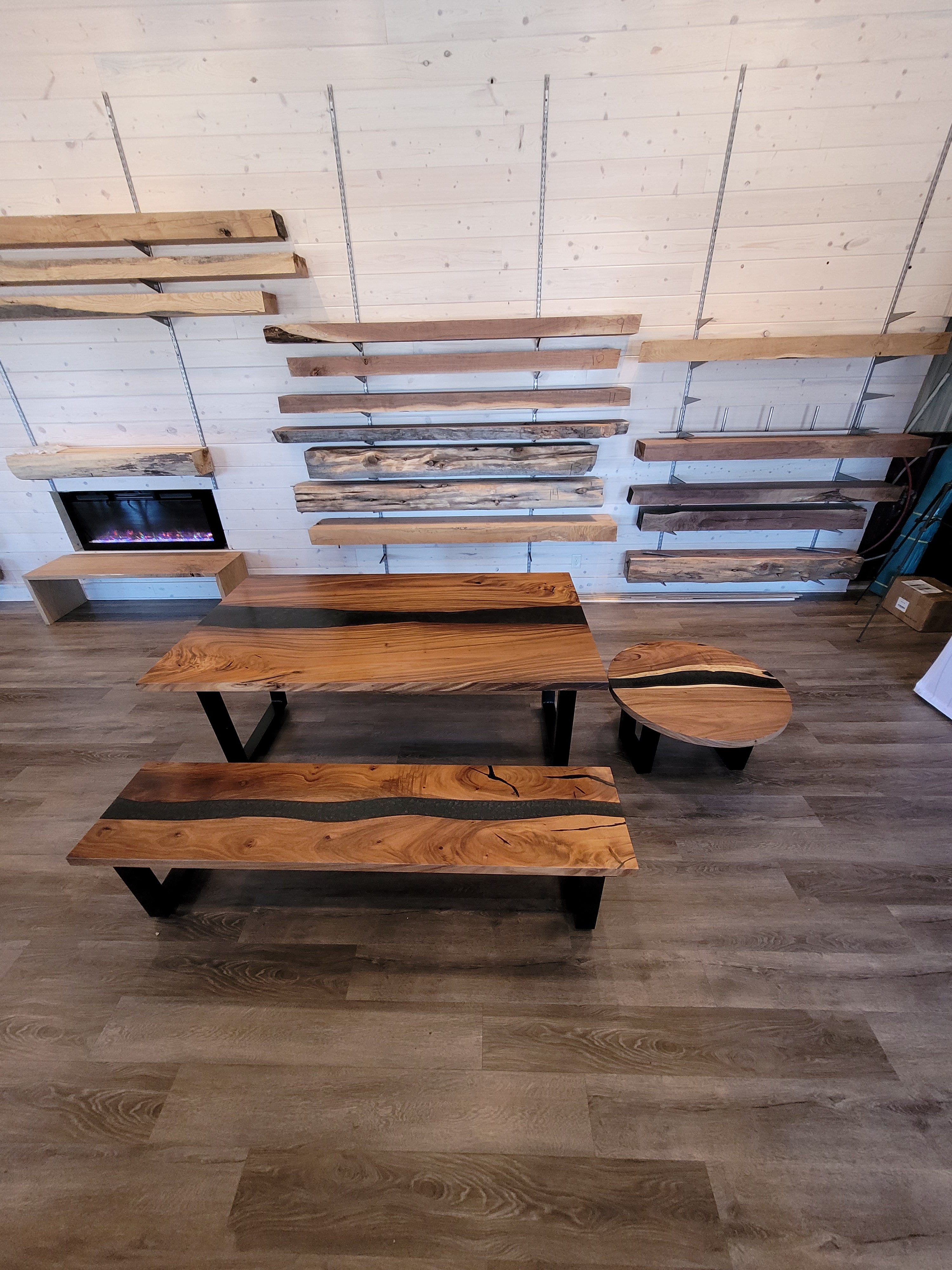 front view monkey pod wood epoxy river dining table set