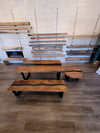 front view monkey pod wood epoxy river dining table set
