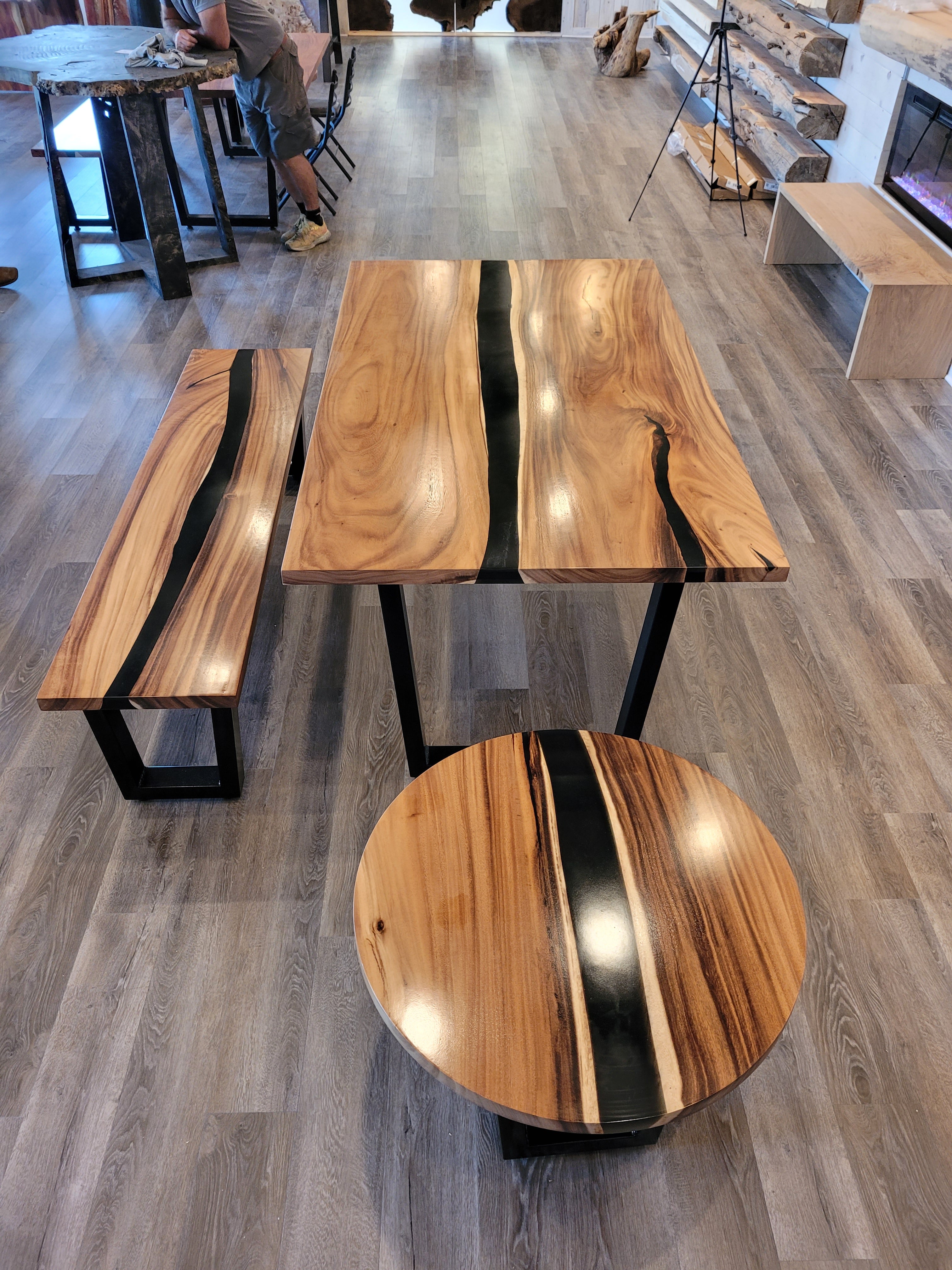 front view monkey pod wood epoxy river dining table set