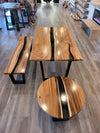 front view monkey pod wood epoxy river dining table set