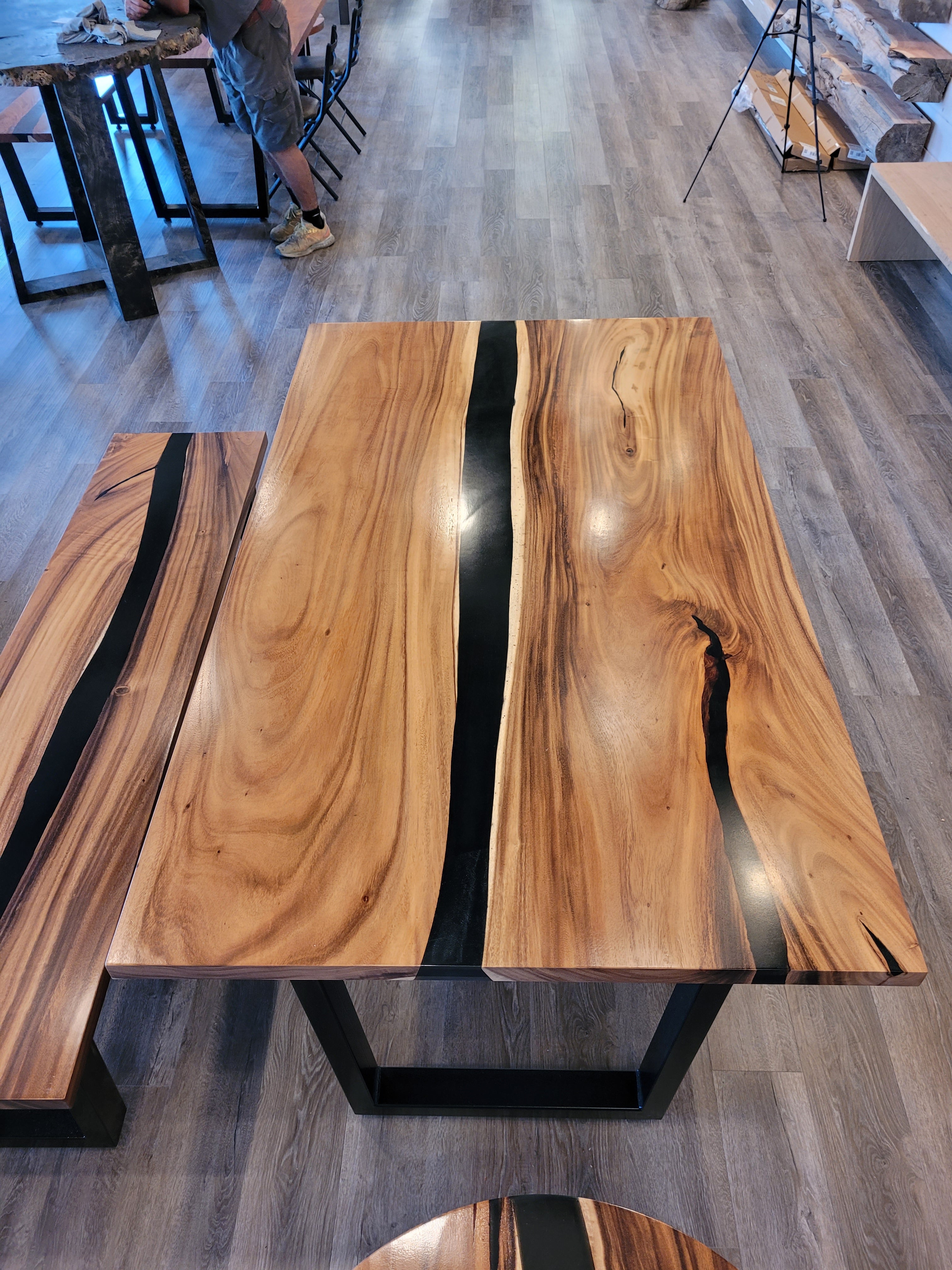 front view monkey pod wood epoxy river dining table set