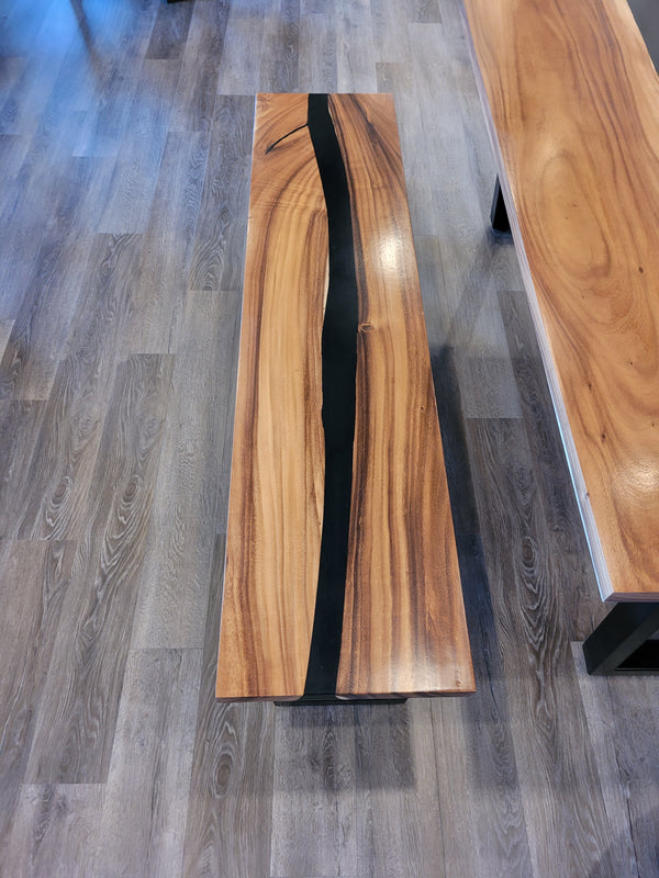 front view monkey pod wood epoxy river dining table set