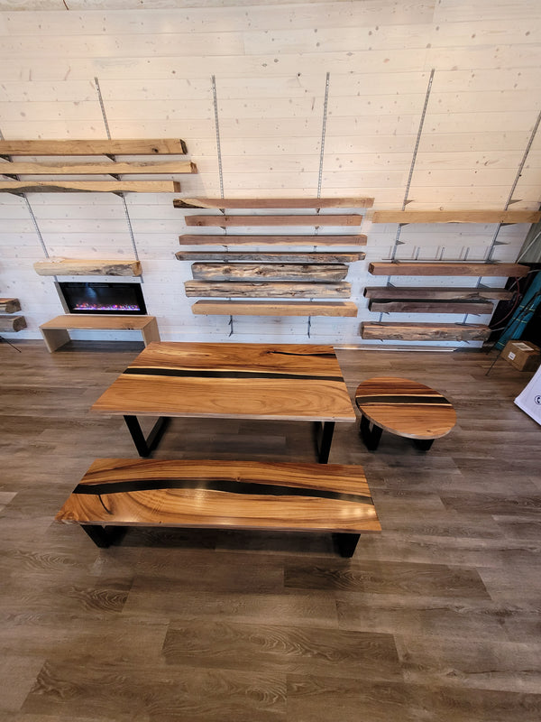 front view monkey pod wood epoxy river dining table set