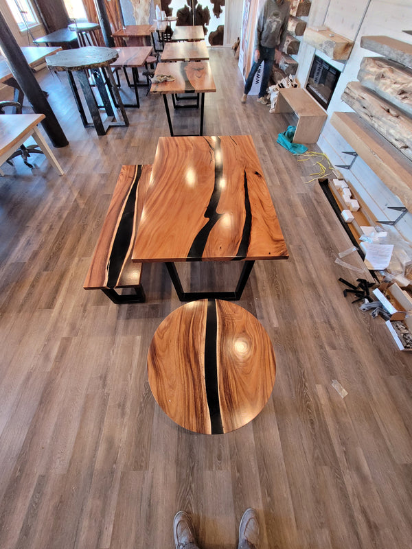 front view monkey pod epoxy river dining table set.